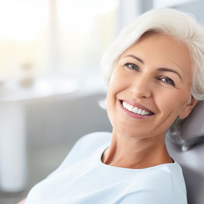 Dentistry. Portrait of an elderly charming lady with beautiful straight teeth sitting in a stomatology chair. Generative ai