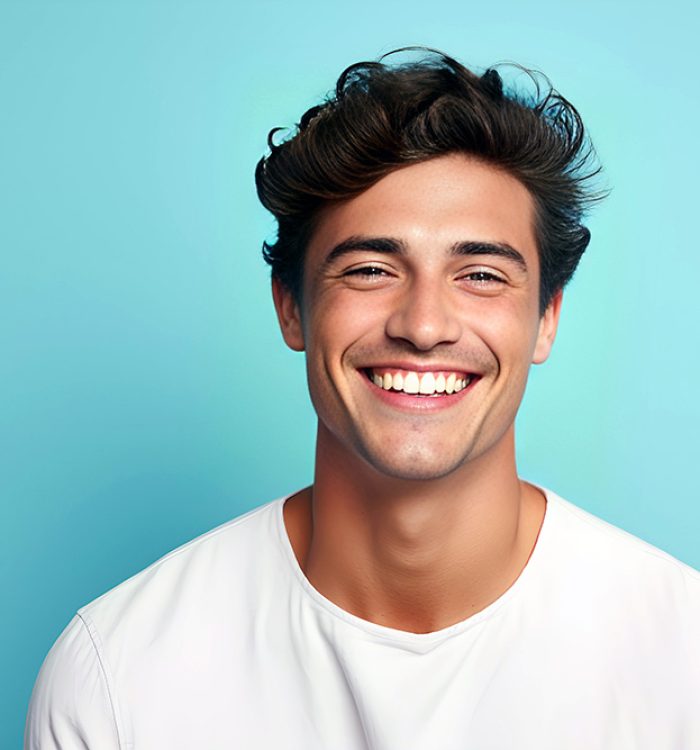 Portrait of a young man smiling at the camera on blue background