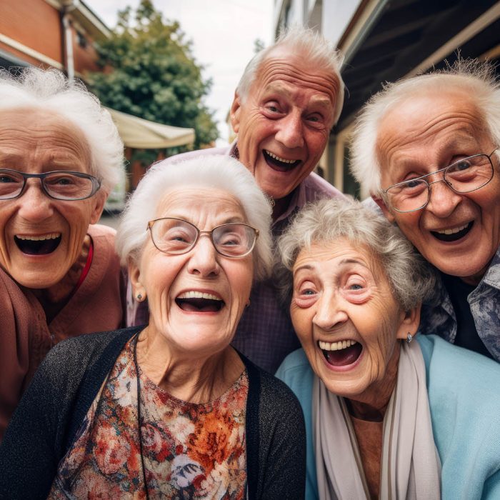 Group of elderly people taking a selfie, Spirited portrait, happy smiling group of senior citizens, pensioners having fun